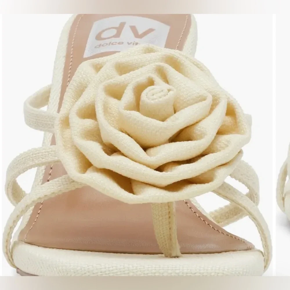 Dolce Vita Cream (Yellow Tint) Rosette Heeled Slip On Sandals - Size 8.5